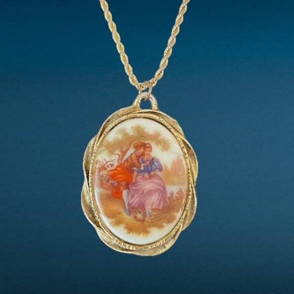 Vintage Gold Tone Renaissance Courting Couple Oval Frame with Mirror Porcelain - Picture 6 of 8